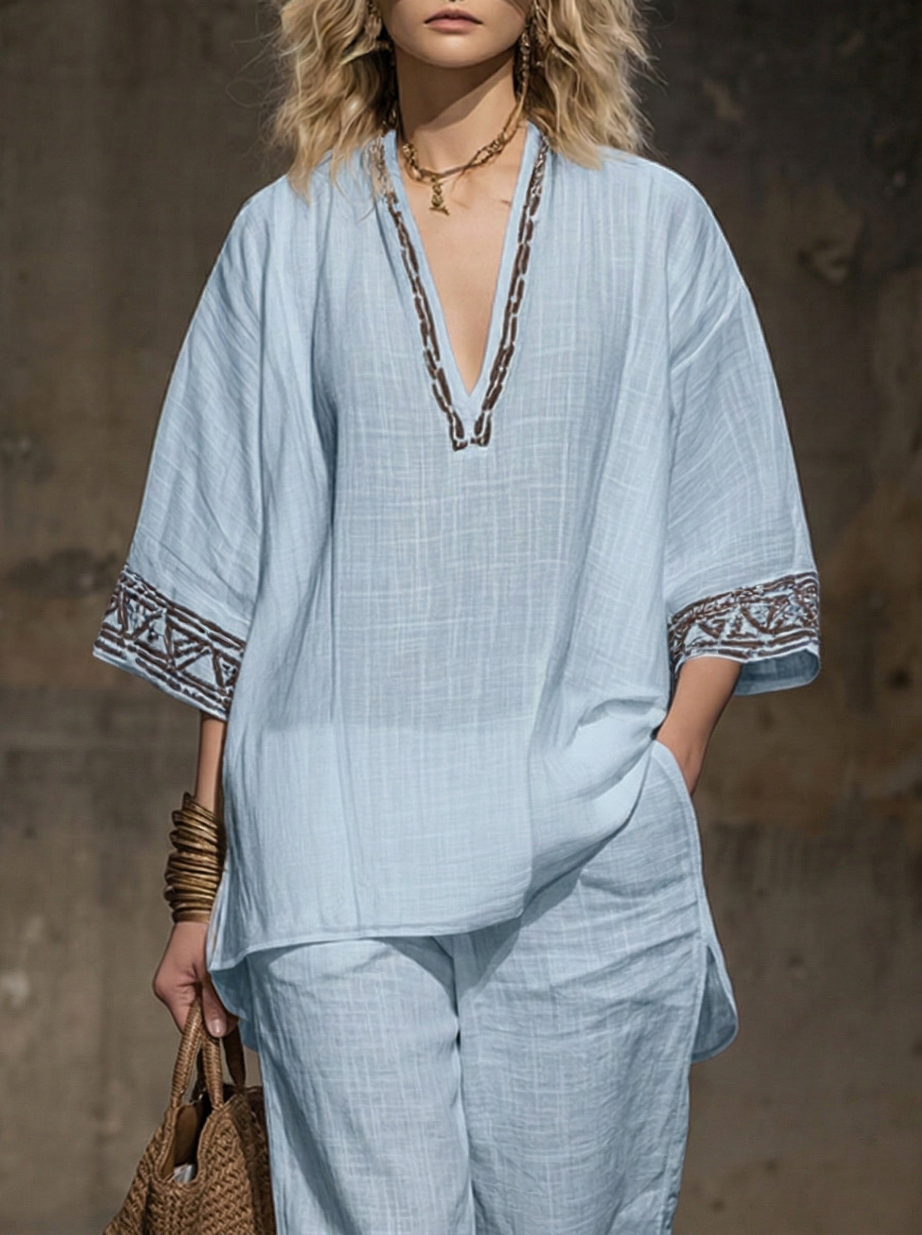 Bohemian Embroidered White Cotton And Linen Short-sleeved Shirt And Shorts Set