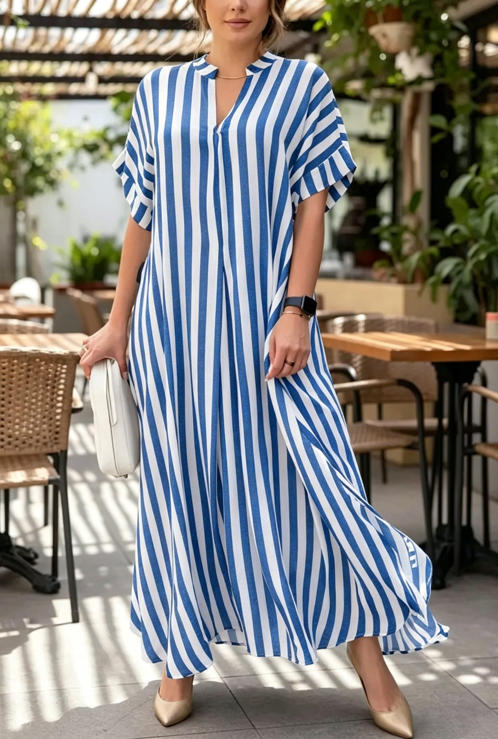 Striped V-neck Loose-fit Batwing-sleeve Maxi Dress