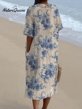 Women's Vintage Floral Art Print Pocket Linen Dress（Convertible Dress With Front And Back Option）