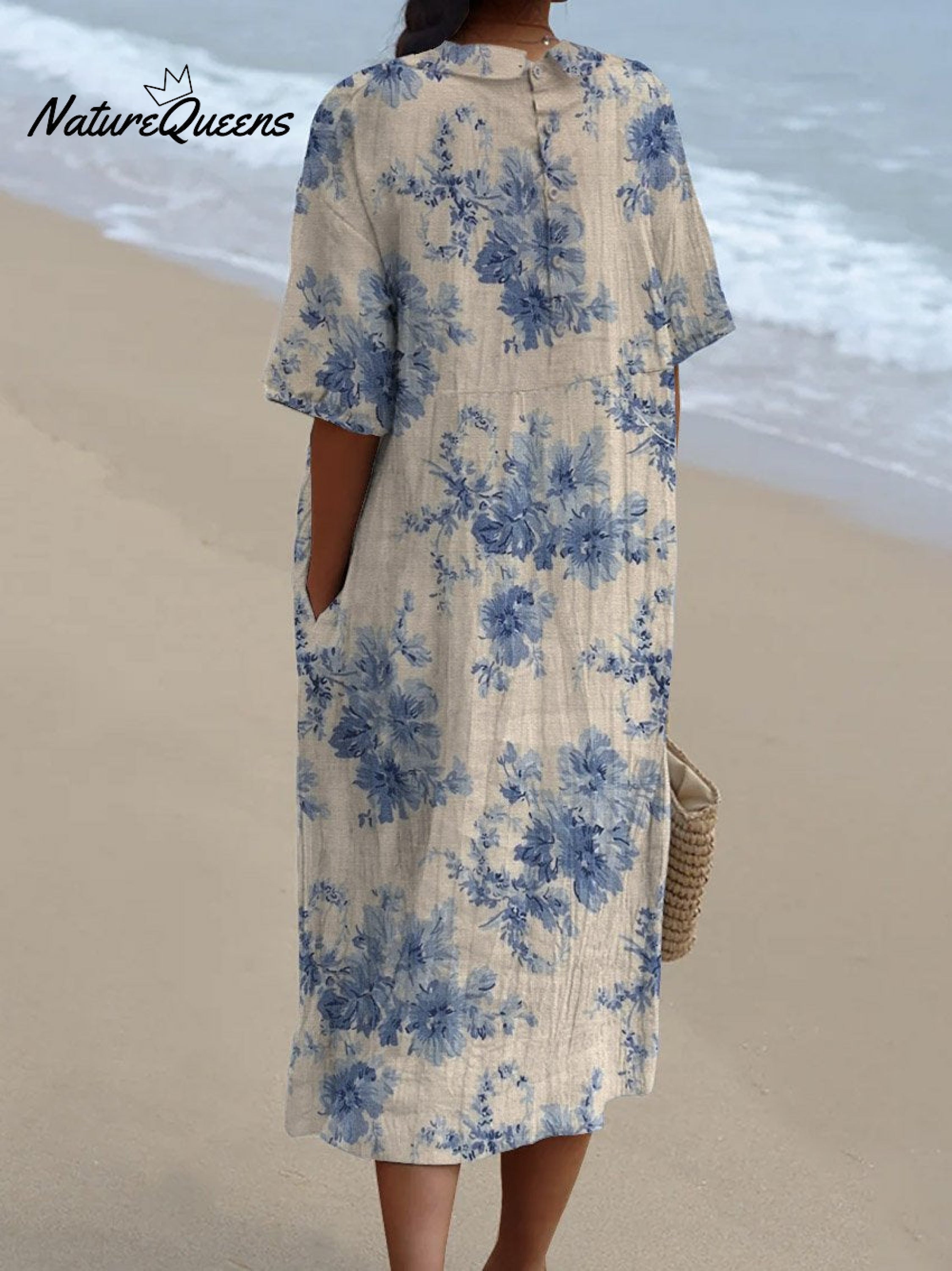 Women's Vintage Floral Art Print Pocket Linen Dress（Convertible Dress With Front And Back Option）