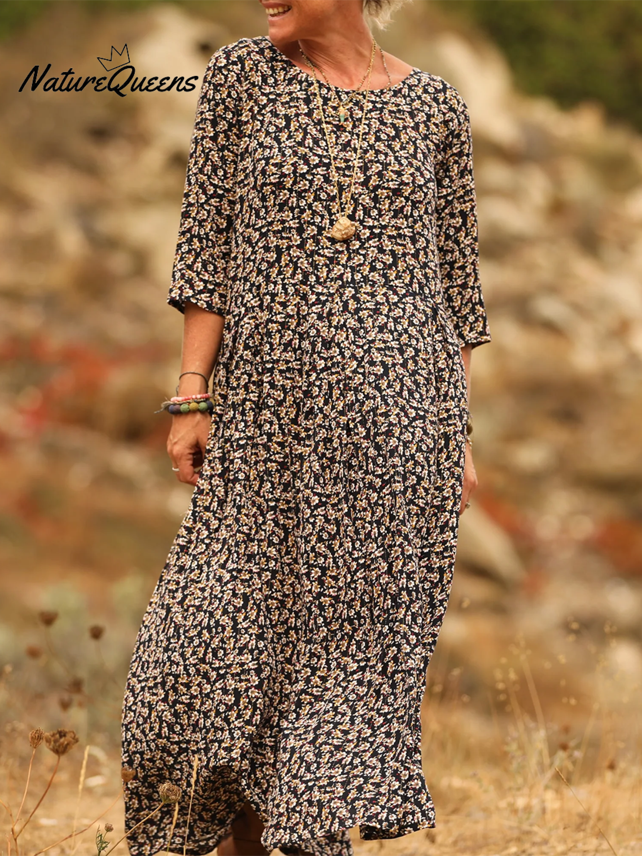 Elena Comfortable Pleated Cotton and Linen Dress