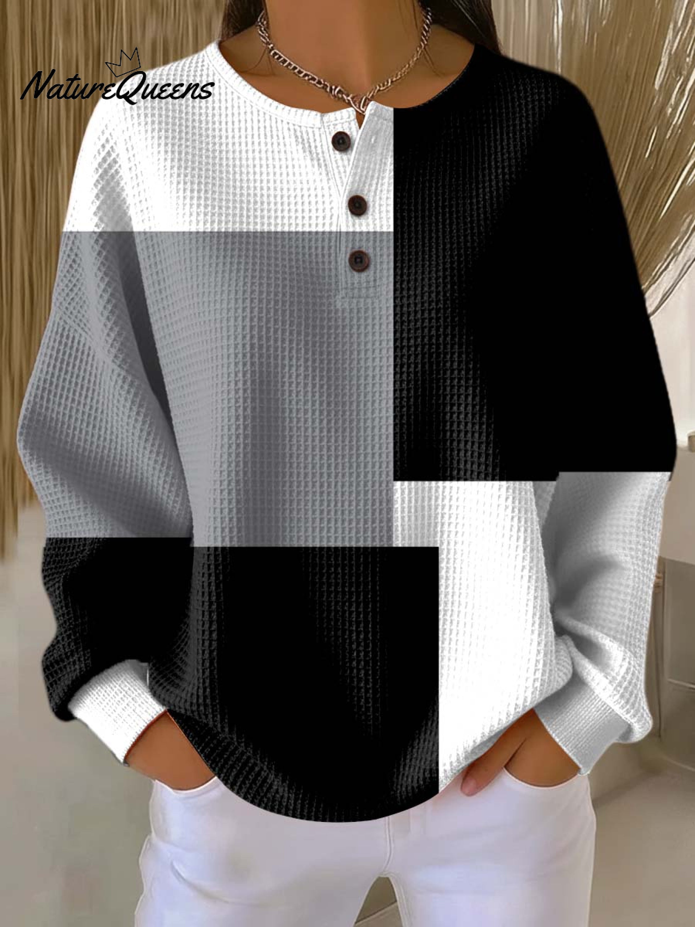 Women's Geometric Pattern Art Print Casual Cotton Waffle Sweatshirt