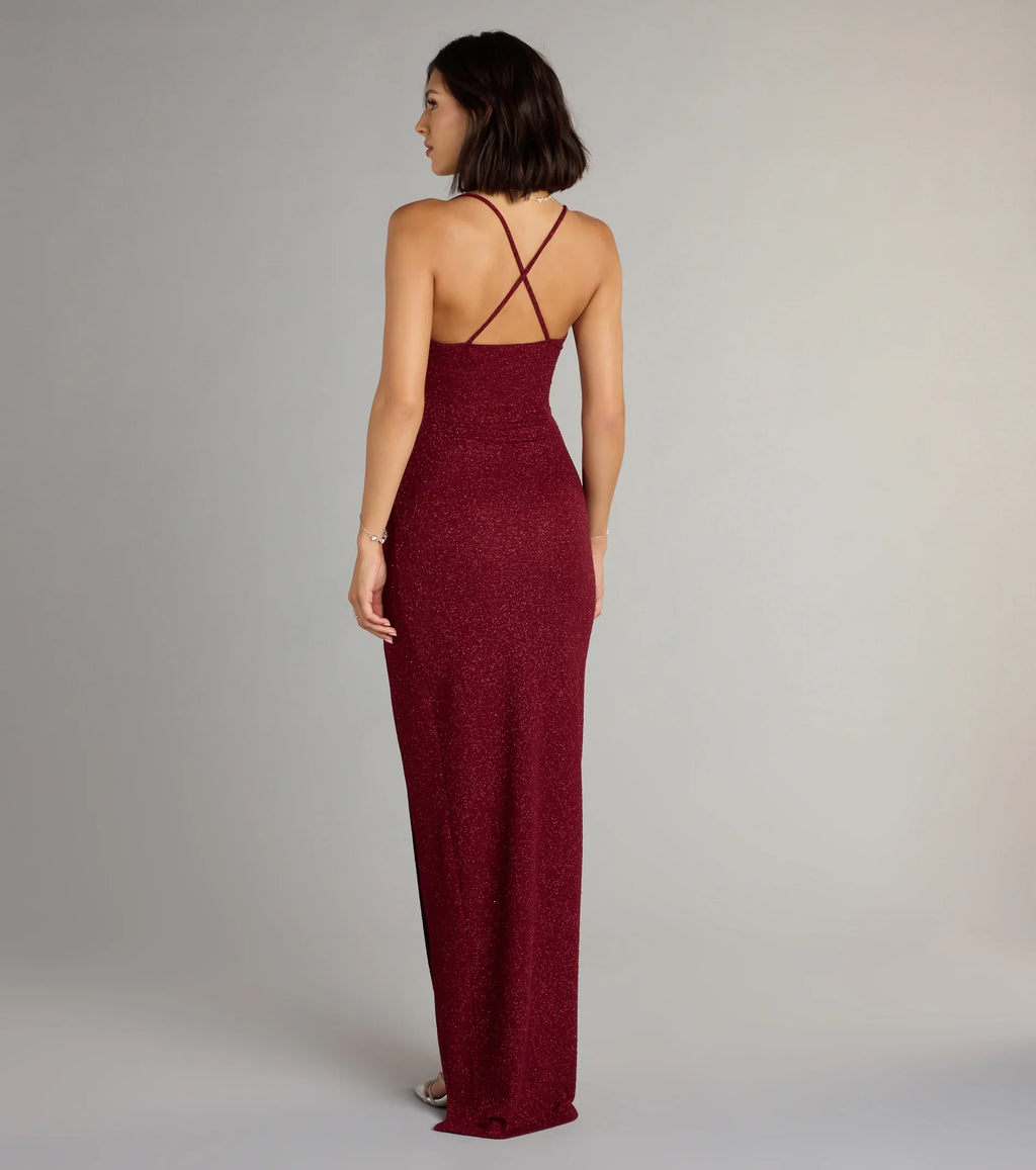 Amirah Formal Glitter Cowl Neck Column Dress