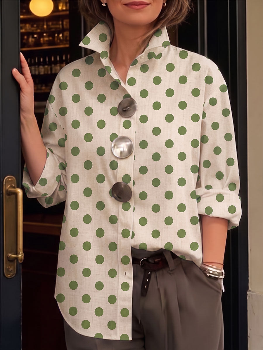 Women's Polka Dot Print Cotton Shirt — Lapel Collar Long Sleeve Casual Loose Fit