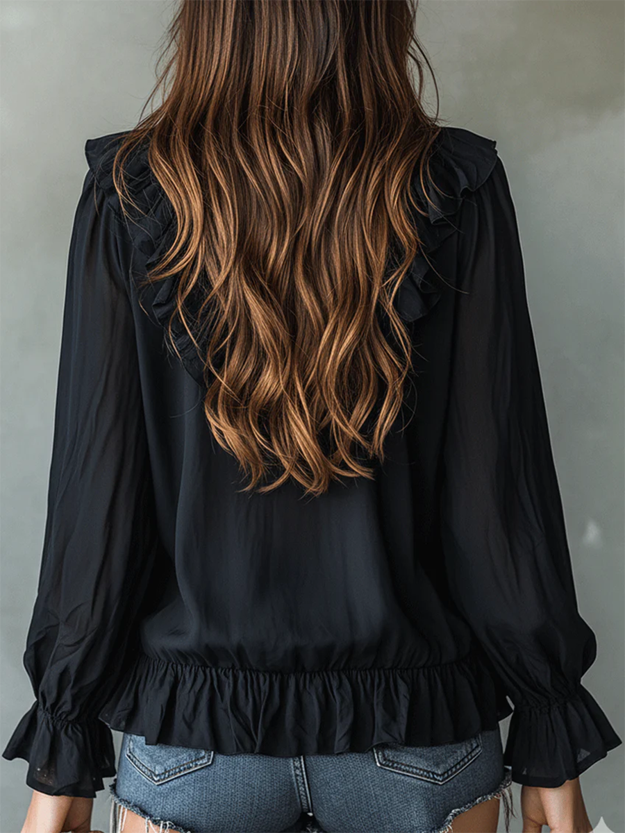 Cozy V-neck Ruffled Cotton-linen Shirt
