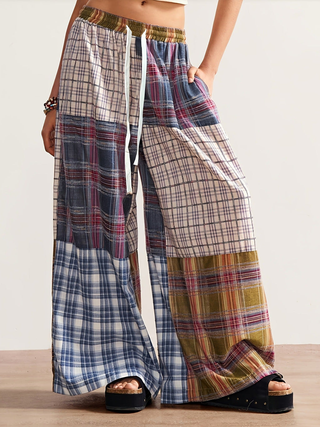 Dopamine-style Color-block Plaid Wide-leg Pants — High-waisted, Slimming, And Loose-fitting With A Designer Aesthetic