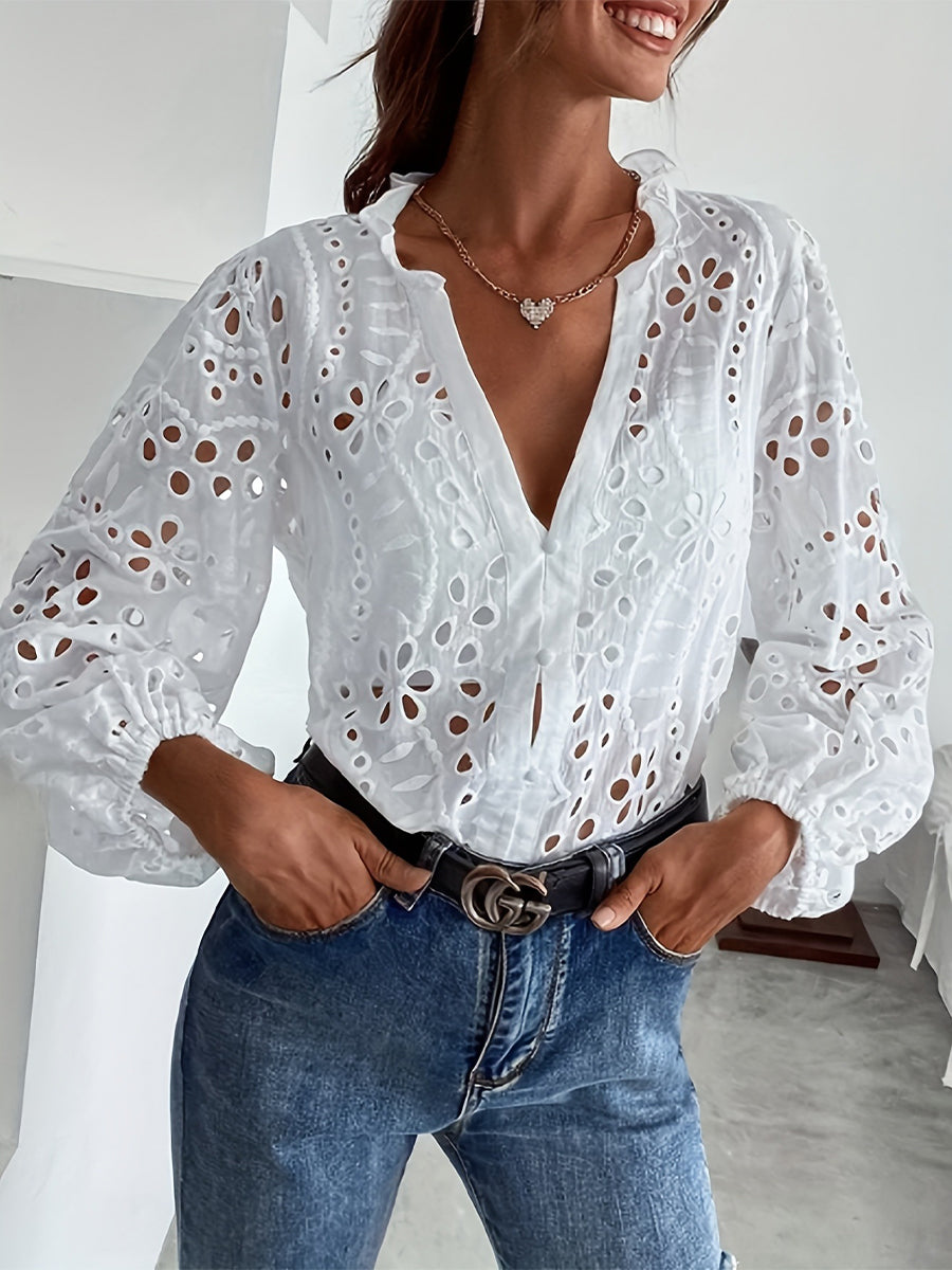 White Cutwork Embroidered Ruffle Collar V-neck Puff Sleeve Blouse