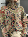 Women's Vintage Lovely Floral Art Print Knit Turtleneck Pullover Sweater