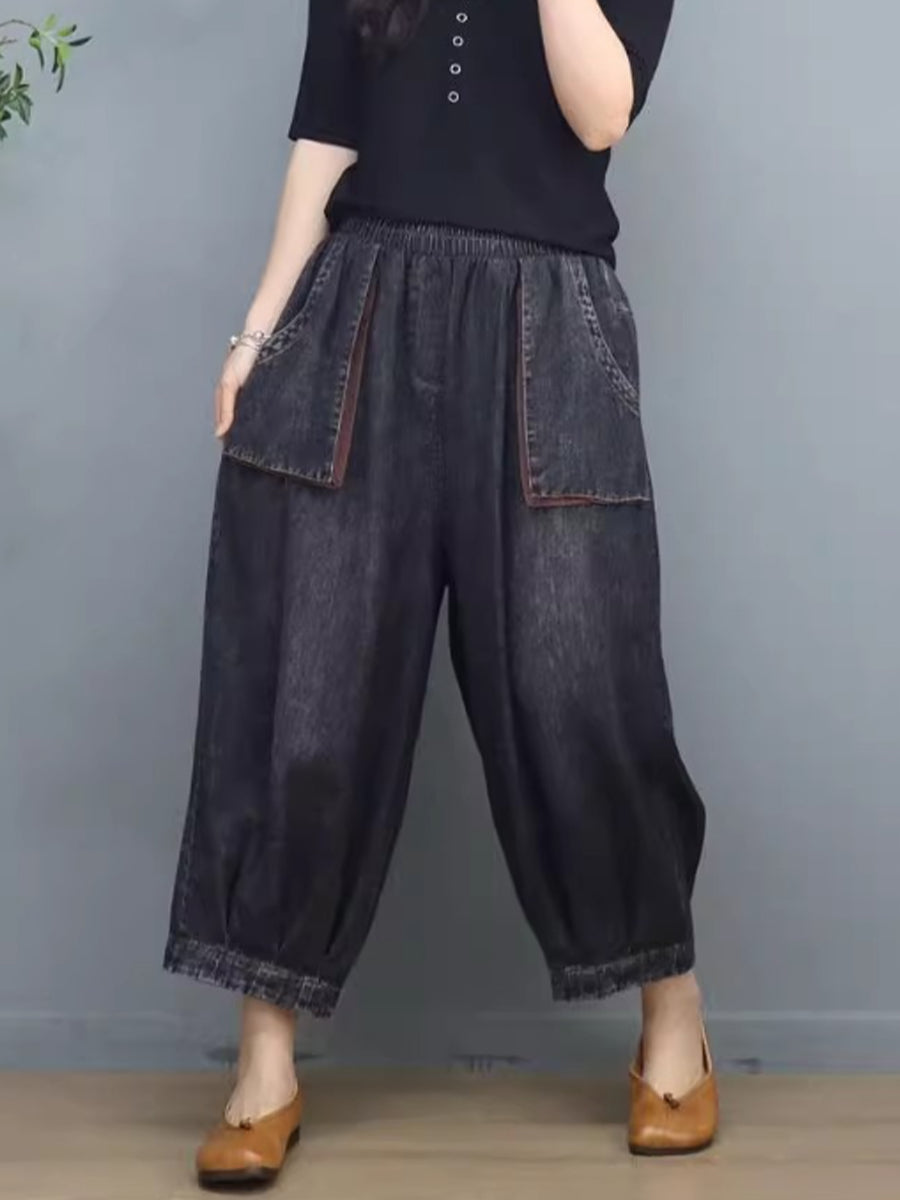 Washed Denim Cropped Balloon Pants With Elastic Waist And Large Patch Pockets