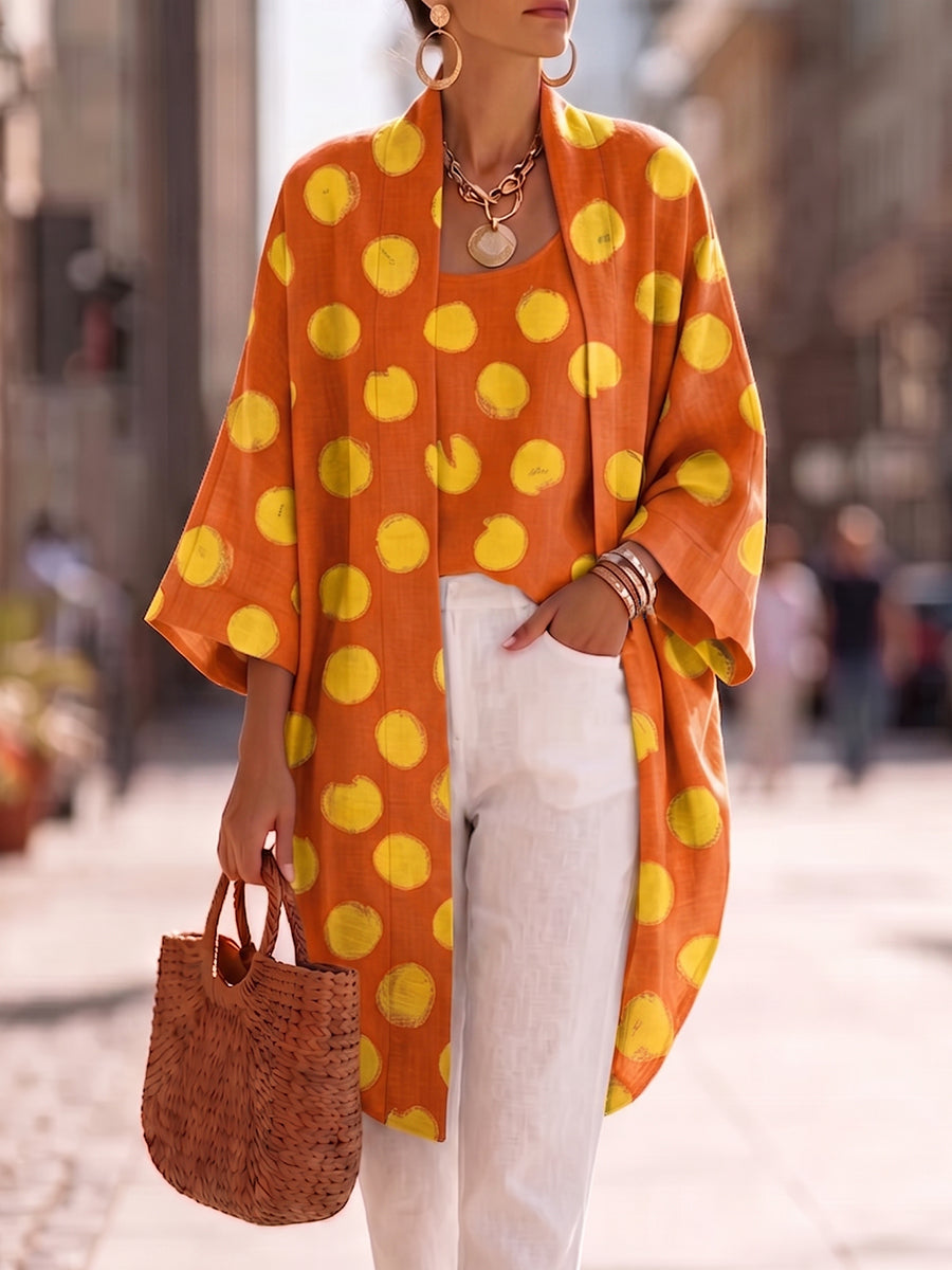 Brushstroke Polka Dot Cotton-linen Vest & Cardigan Two-piece Set