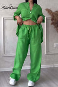 Casual solid color cotton and linen pants two-piece set