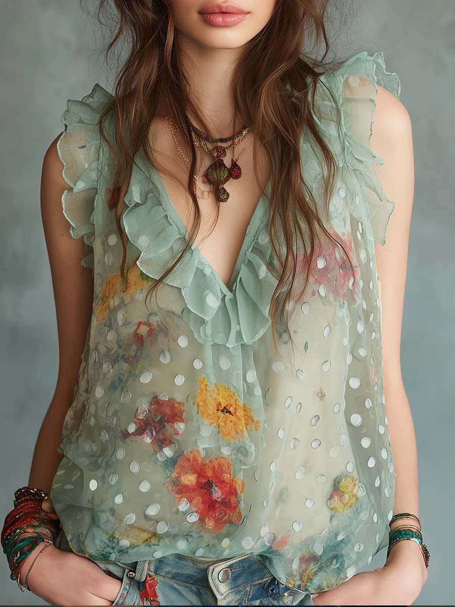 Women's Floral Polka Ruffled Art Casual Stylish Sleeveless Shirt