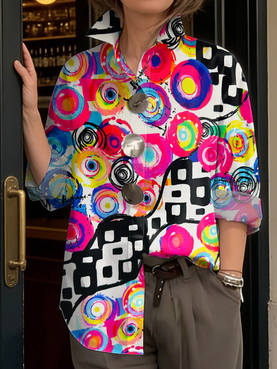 Women's Abstract Art Print Casual Cotton Shirt