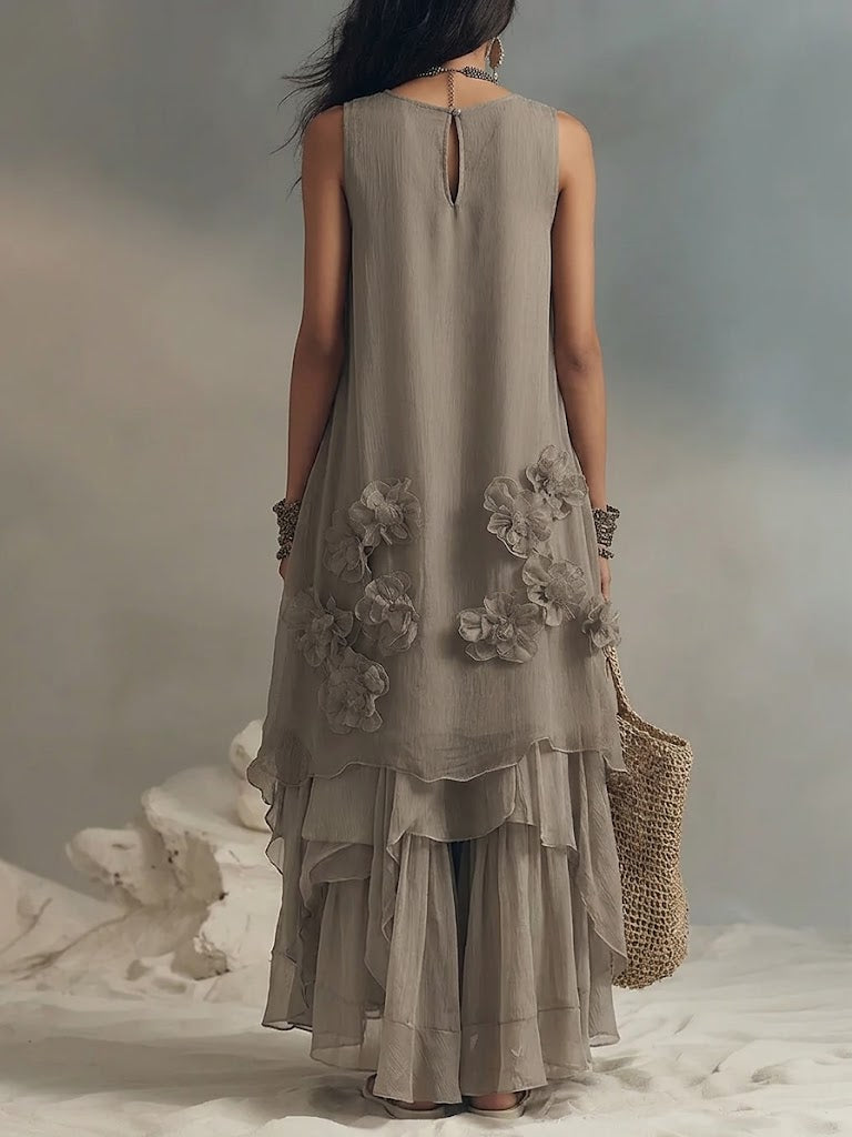 Women's Sleeveless Cotton And Linen Dress With 3d Floral Decoration