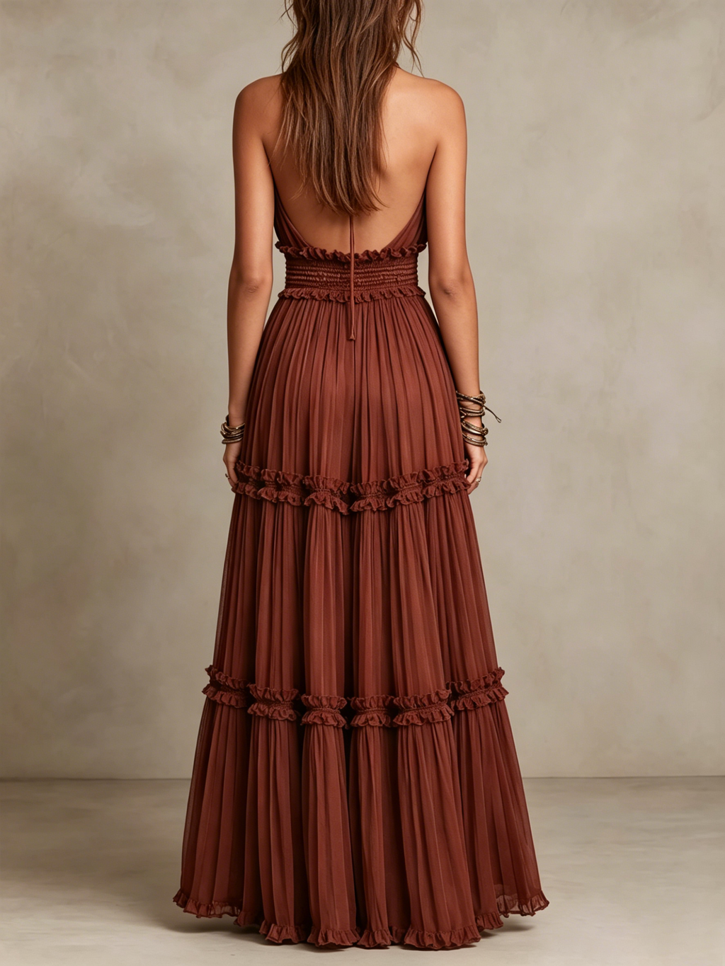 Halter-neck Deep V-neck Tiered Ruffle Chiffon Midi Dress