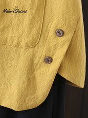 Women'S Solid Color Cotton And Linen Round Neck Button Short Sleeve Irregular Slit At Hem Button Blouse