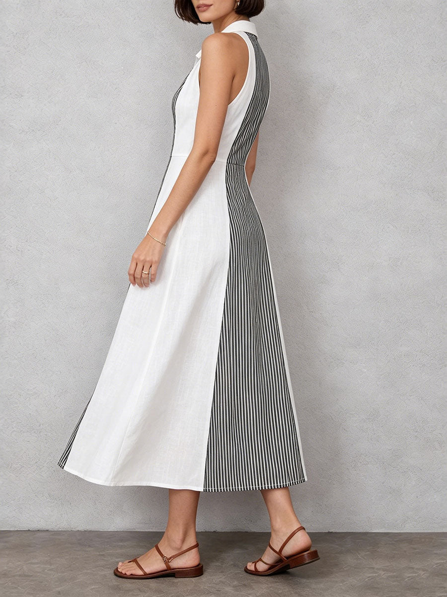 Women's Striped Flared Hem Color-block Lapel Linen Maxi Dress