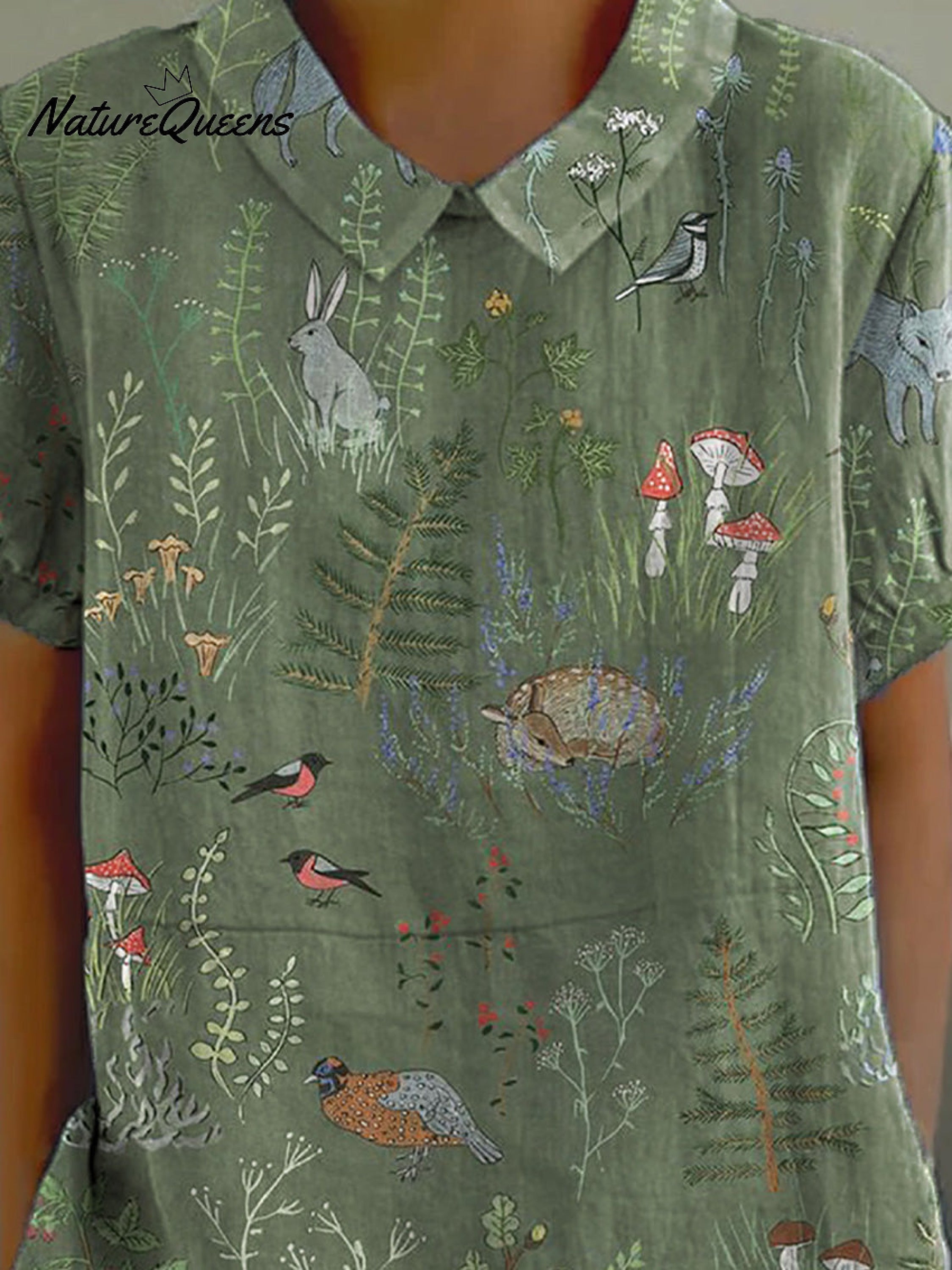 Woodland And Animal Pattern Printed Women's Casual Cotton And Linen Shirt