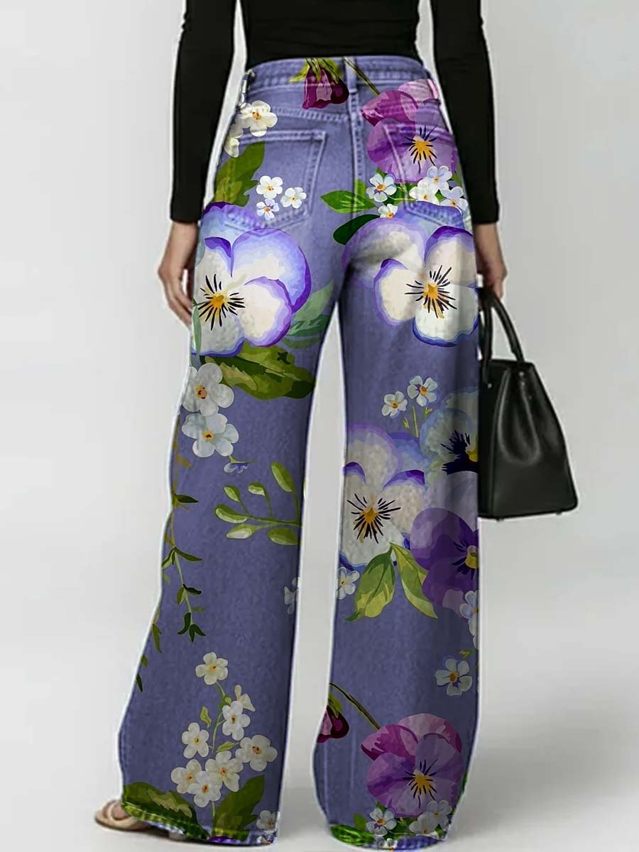 Women's Retro Floral Art Print Casual Stylish Hollow Denim Pants