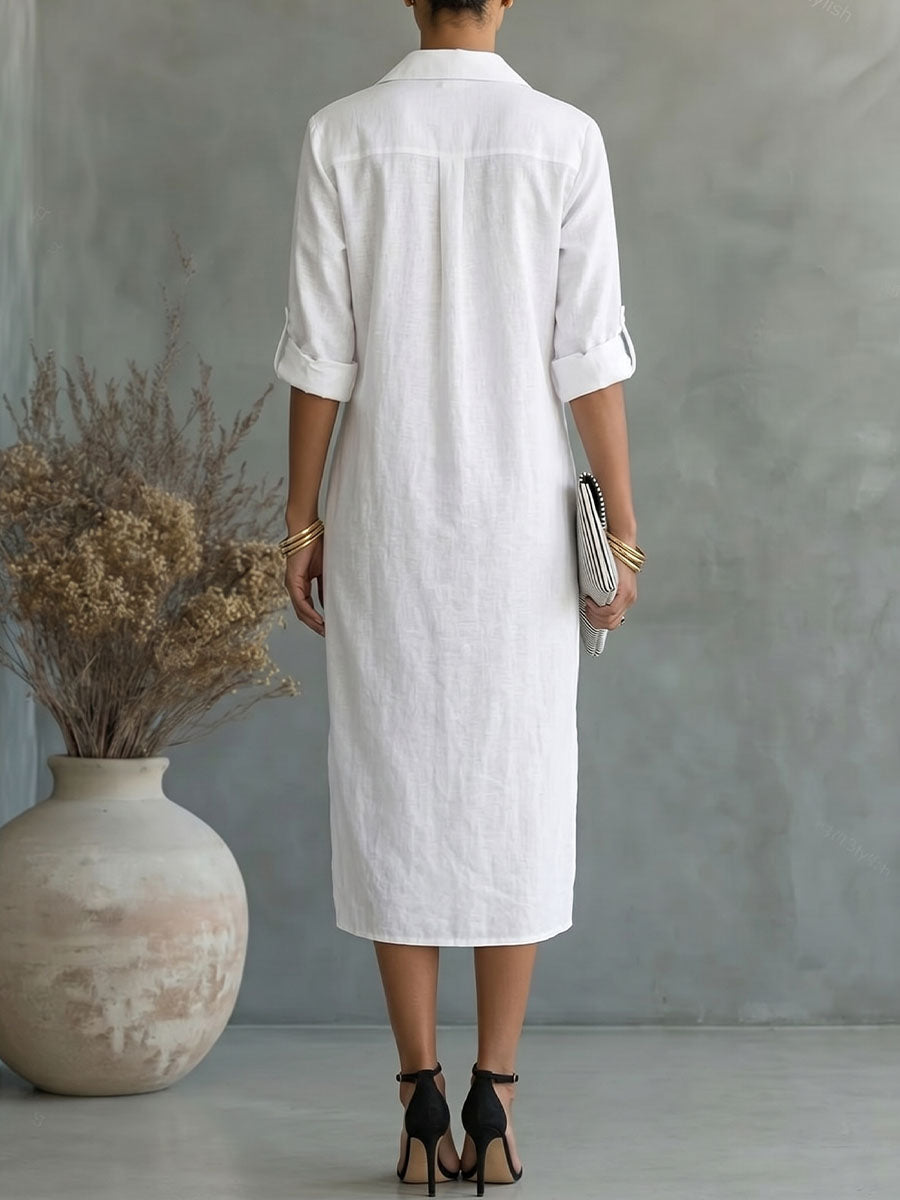 Women's Lapel Long-sleeve Cotton-linen Dress