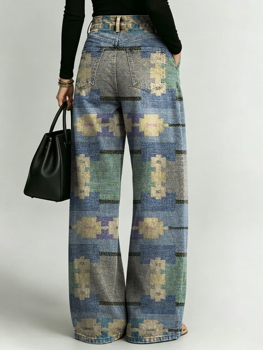 Women's Retro Pattern Printed Stylish Cutout Casual Denim Jeans