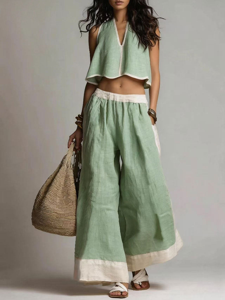 Women's Sleeveless Loose-fit Casual Top And Wide-leg Pants Set