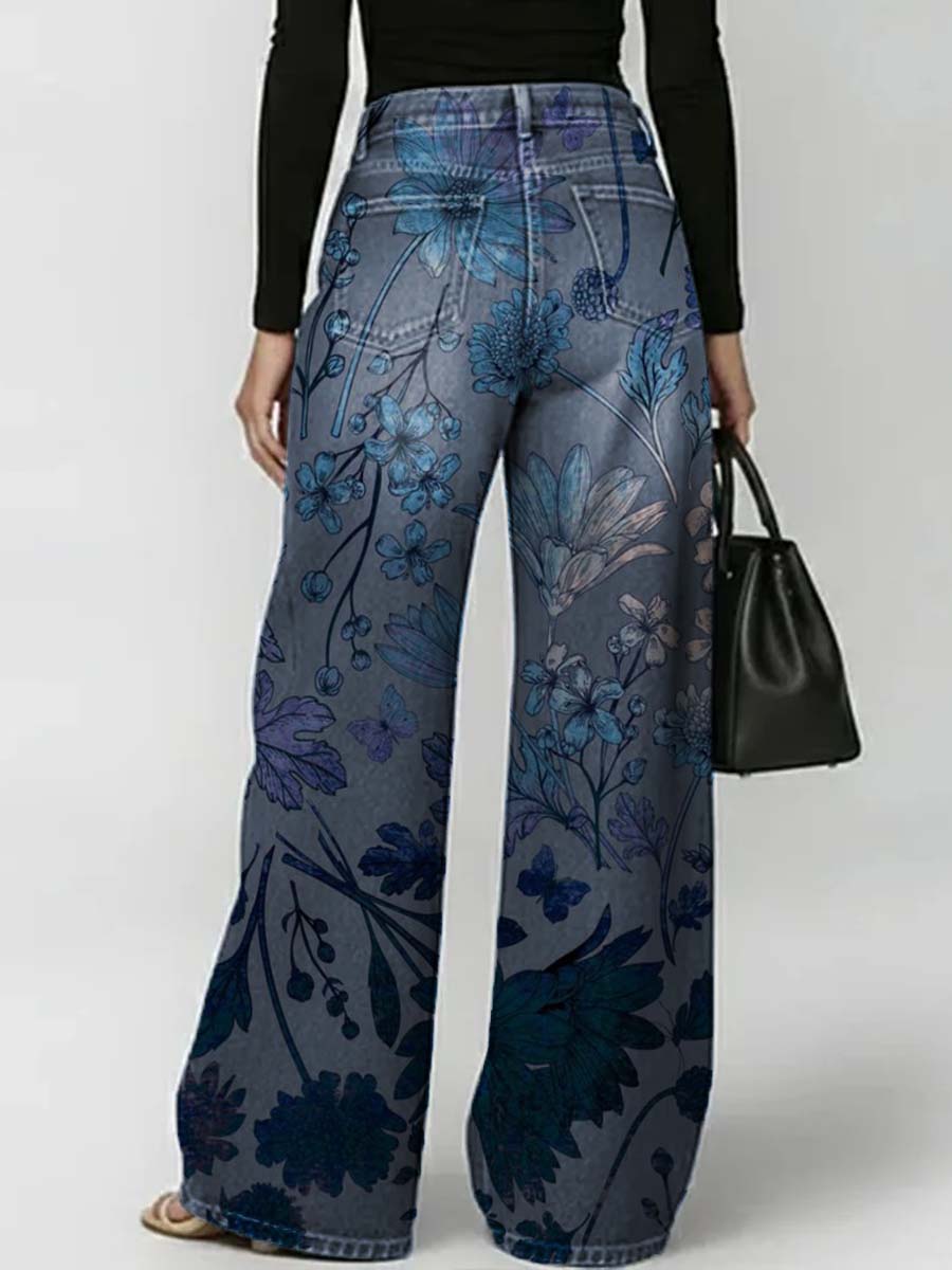 Women's Retro Floral Art Print Casual Stylish Hollow Denim Pants