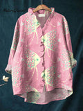Women's Colorful Abstract Sea Fish Art Print Casual Cotton And Linen Ruffle Shirt
