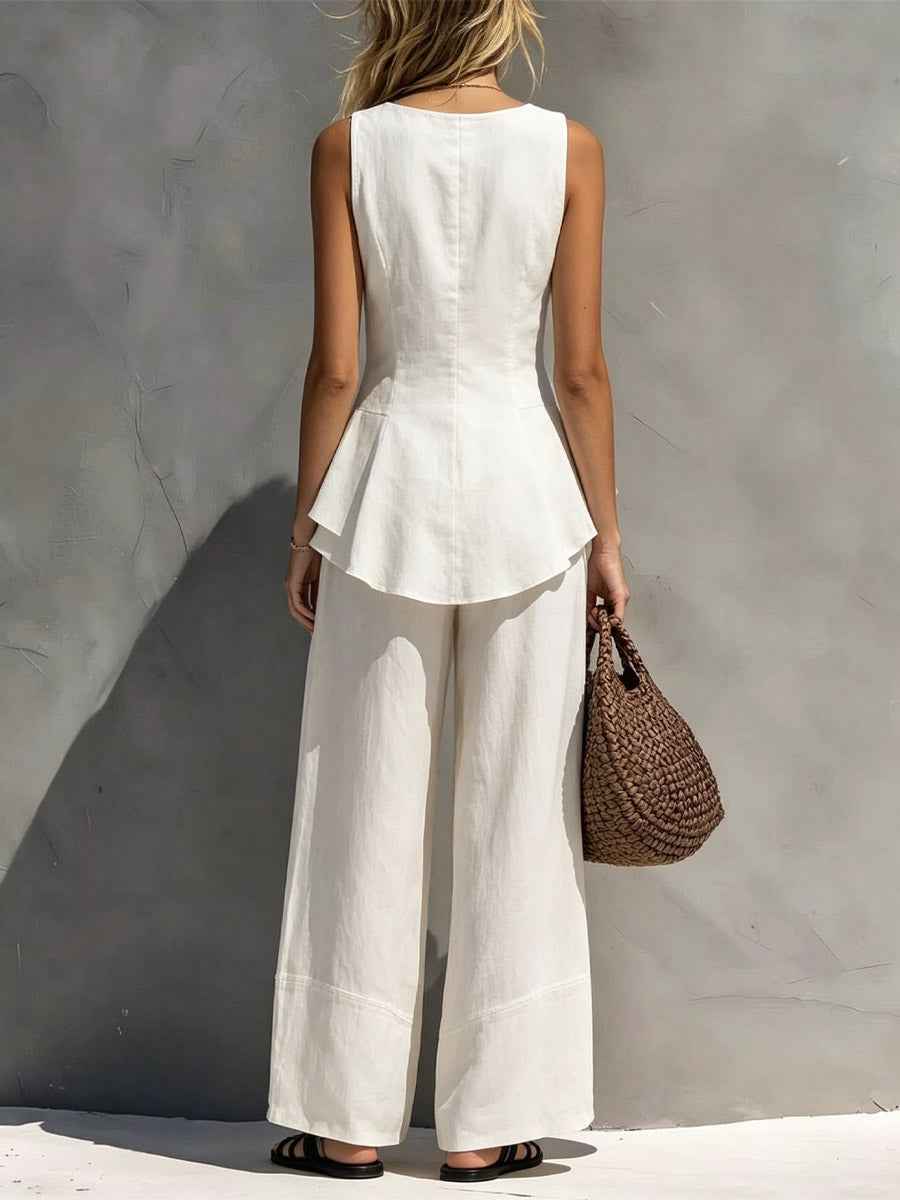 Women's Art Ruffle Stylish Casual Top And Pants Cotton Linen Two-piece Set