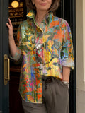 Artistic Watercolor Botanical Print Shirt — Loose-fit, Breathable Top With Large Buttons And 3/4 Sleeves (versatile Style)
