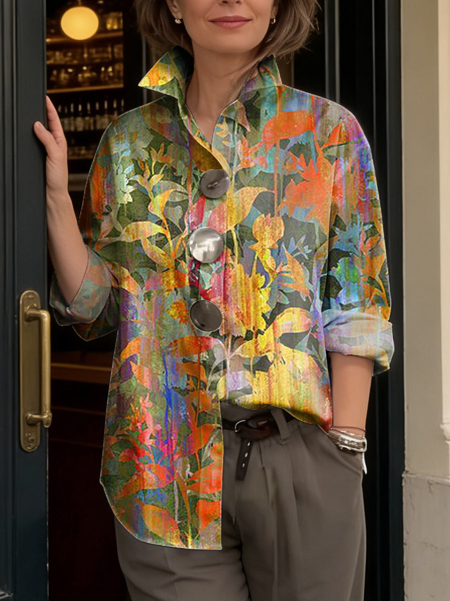 Artistic Watercolor Botanical Print Shirt — Loose-fit, Breathable Top With Large Buttons And 3/4 Sleeves (versatile Style)