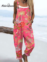 Women'sVintage Flowers Art Print Casual 100% Cotton Wide Leg Jumpsuit