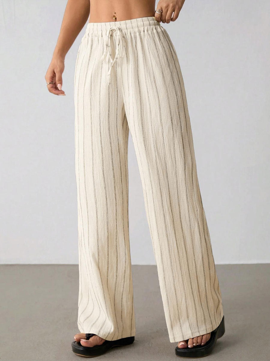 Women's Casual Striped Contrast Trim Drawstring Elastic Waist Wide-leg Pants