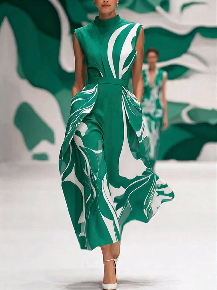 Women's Abstract Print Stand-collar Sleeveless Loose-fit Casual Dress