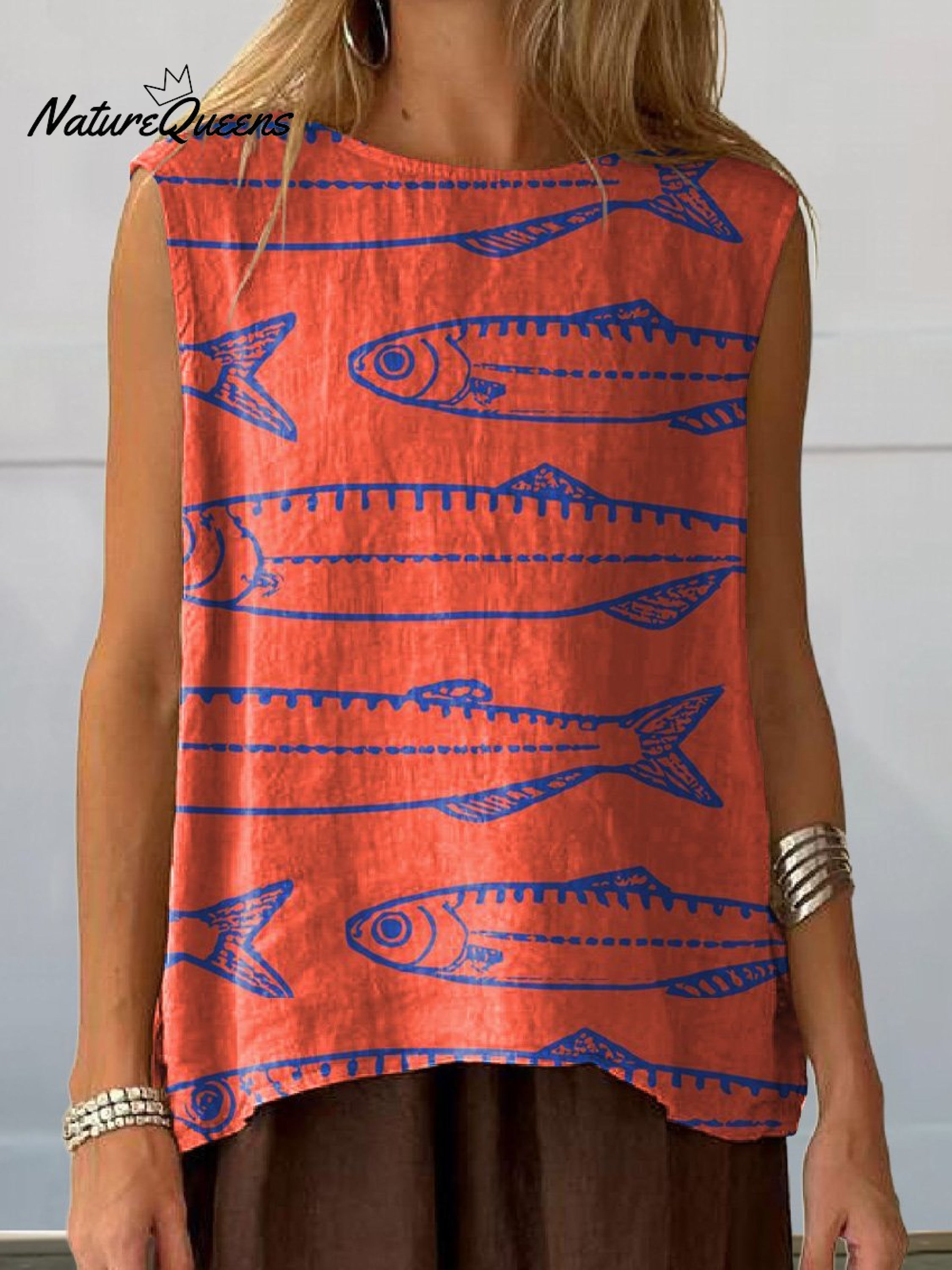 Vintage Style Sardine Fish Pattern Printed Women's Casual Cotton And Linen Tank Top