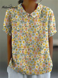Women's Lovely Floral Art Print Casual Cotton And Linen Shirt