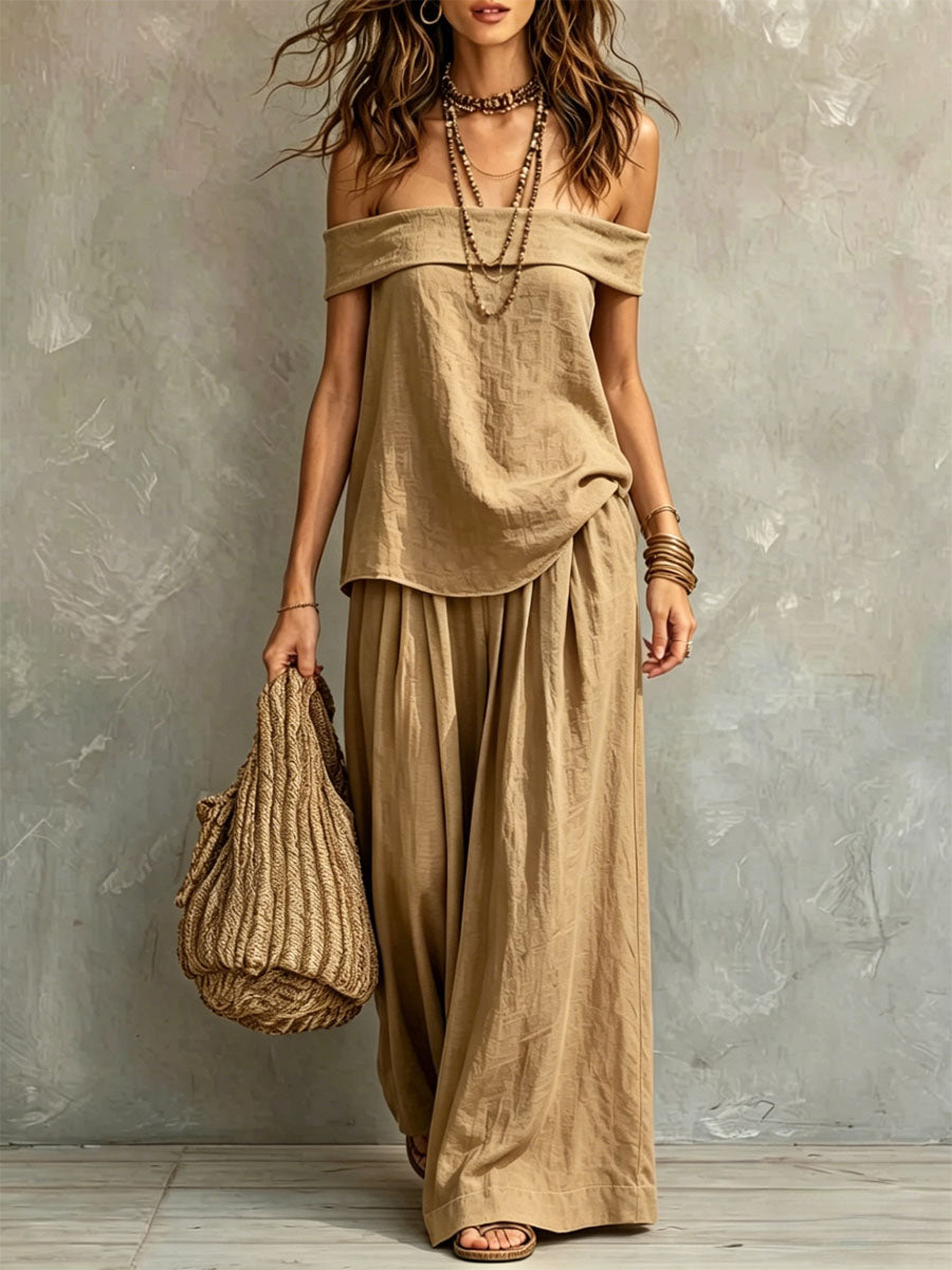 Women's Off-shoulder Sleeveless Cotton-linen Top And Pants Two-piece Set