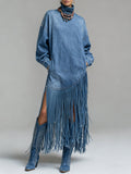 Ursime Daily Blue High Collar Lantern Sleeve Long Sleeve Strappy Western Pocket Denim Midi Dresses [Pre-Order]
