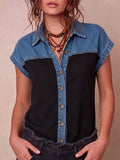 Women's Short-sleeve Casual Loose Top With Shirt Collar And Denim Splicing