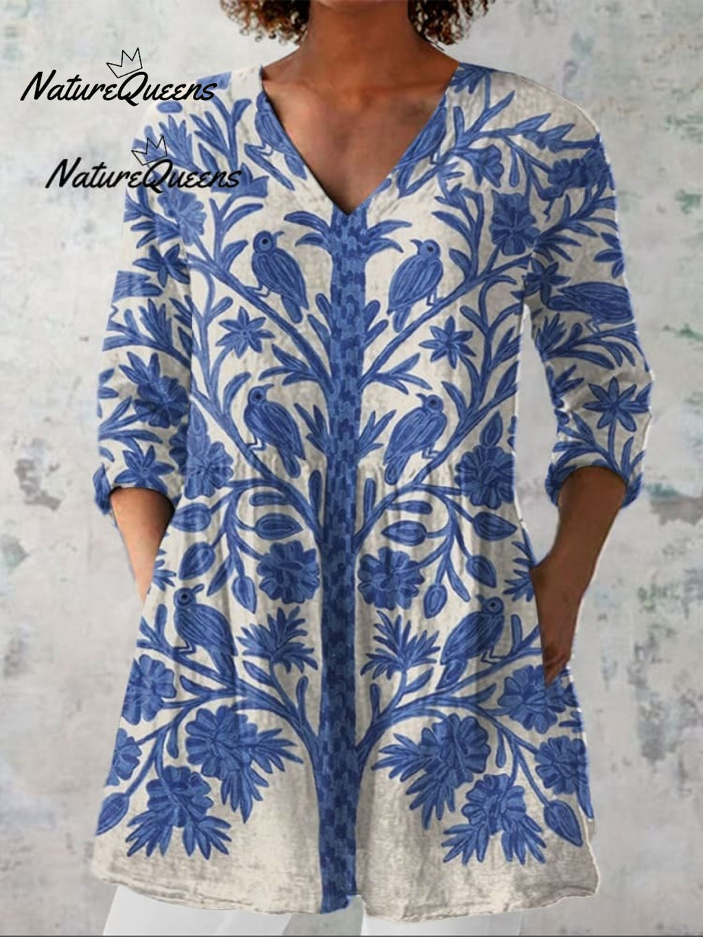 Women'sVintage Floral Art Print Casual Linen V-neck Shirt