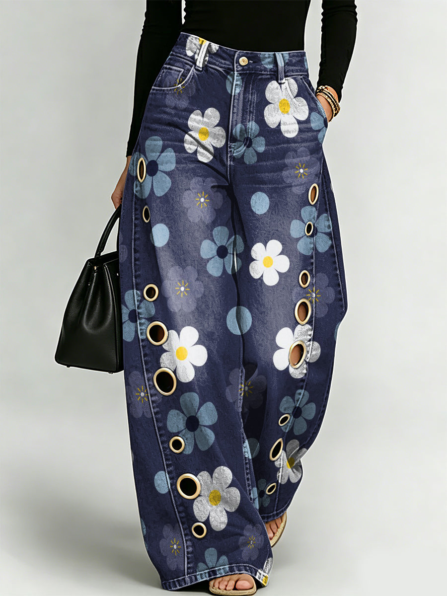 Colorful, Minimalist Floral Decorative Pattern Women's Denim Pants