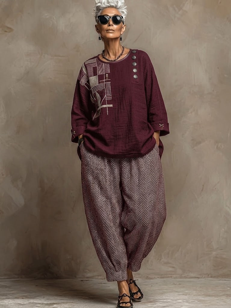Bohemian Art Print Linen And Cotton Two-piece Top And Pants Set