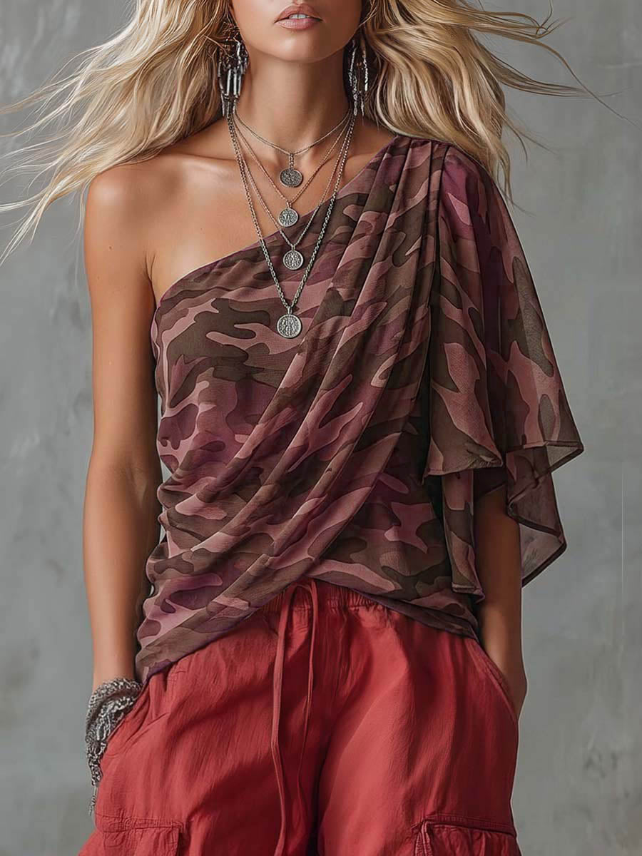 Women's Camouflage Print Off-shoulder Top With Asymmetrical Sleeve — Casual Loose Fit