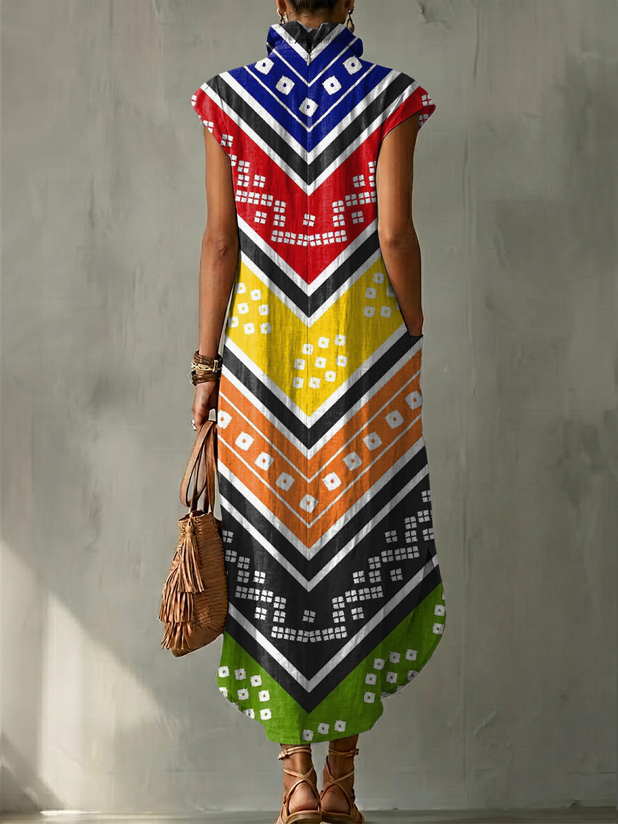 Colorful Exotic Totem Decorative Patterns Women's No Sleeve Bud Collar Linen Cotton Dress