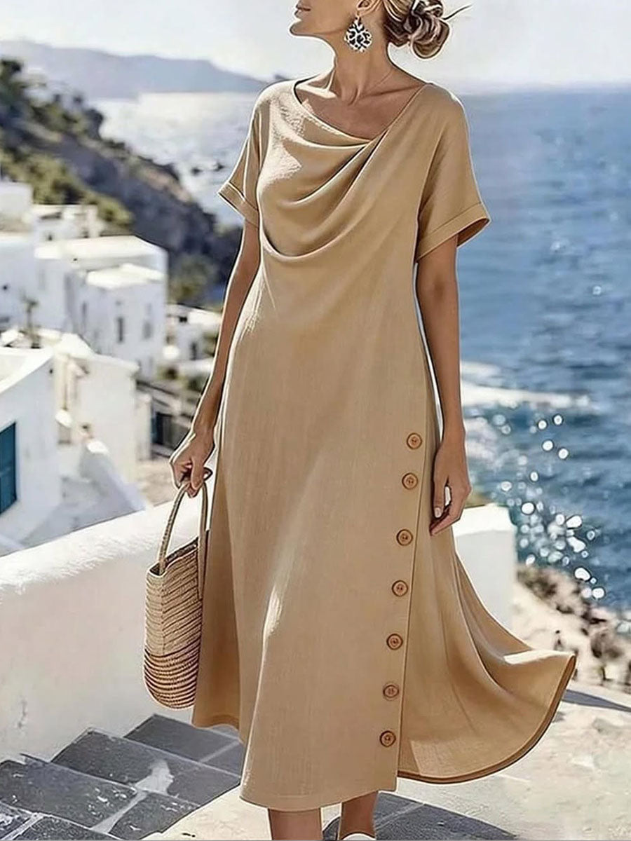 Women's Solid-color Round-neck Short-sleeve Casual Loose Cotton-linen Dress