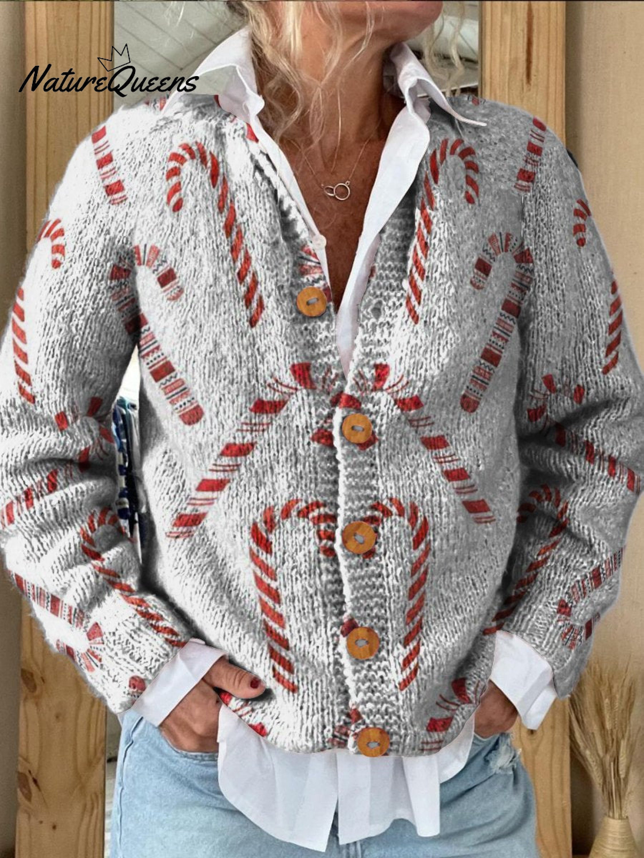 Festive Candy Cane Decorative Pattern Buttoned Cardigan Sweater