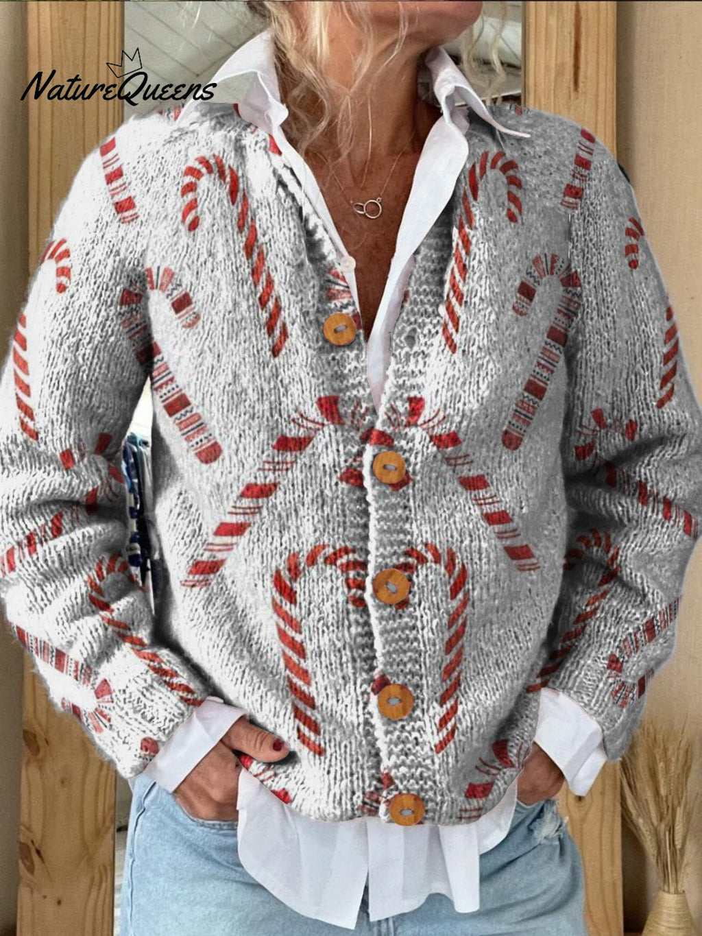 Festive Candy Cane Decorative Pattern Buttoned Cardigan Sweater