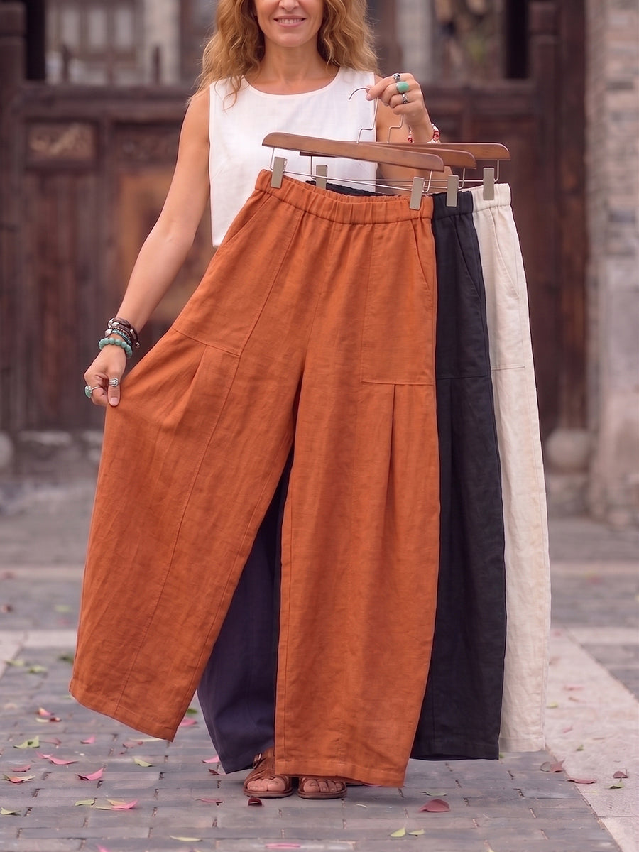 Cozy Casual Pleated Cotton-linen Wide-leg Pants