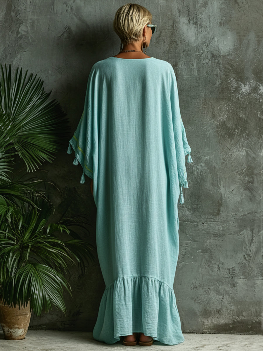 Bohemian-Print Loose and Cozy Linen-Cotton Dress