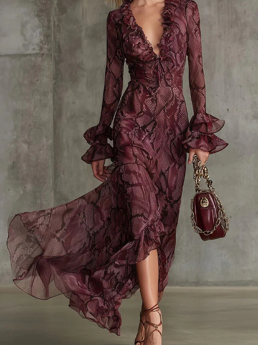 Stylish And Elegant Snake-print Chiffon Dress With Ruffled Collar